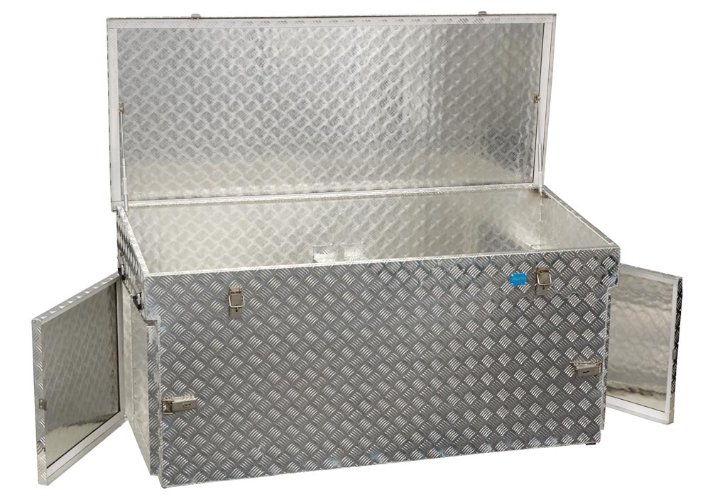 Aluminium Riffelblech-Box, BxTxH innen 1678x675x730/830 mm, mit Seitentüren und abgeschrägtem Deckel, Vol. 883